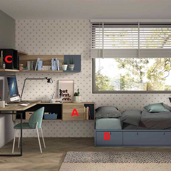 Dormitorio nido juvenil en melamina de primera calidad con estantería escritorio y armario