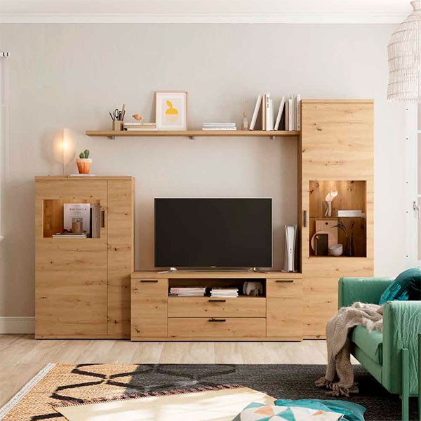 Composición salón comedor con mueble TV, módulo alto y vitrina HORA