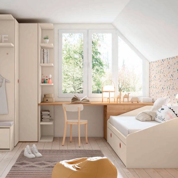 Habitación infantil con cama nido, arcón-escritorio extraíble y armario -  Antaix