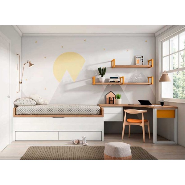 Composición dormitorio cama, mesitas, armario rincón, cómoda y espejo  Merkamueble