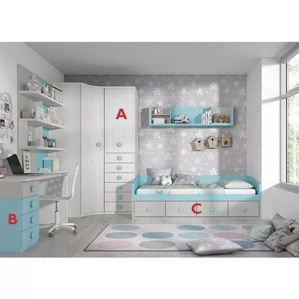 Dormitorio Nido Juvenil F114 de Glicerio Chaves acabado en ártico, lago y gris