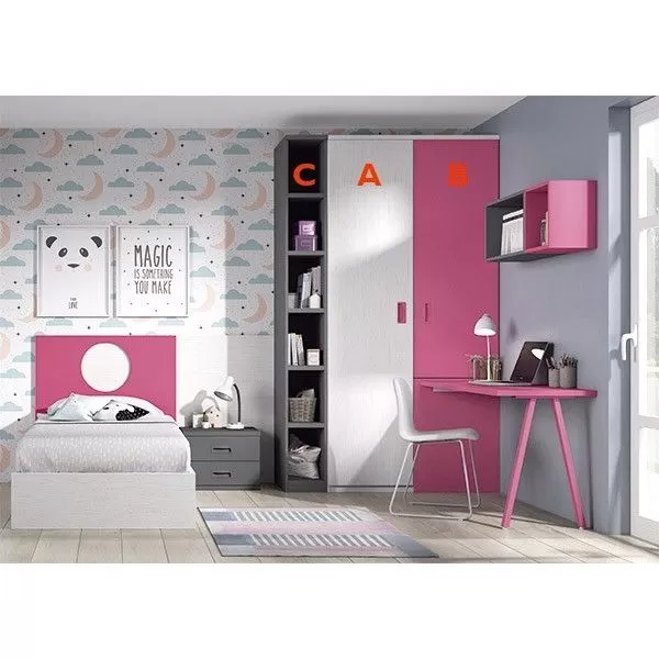 Dormitorio Juvenil F507 de Glicerio Chaves acabado en ártico, fucsia y pizarra