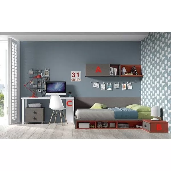 Dormitorio Juvenil F512 de Glicerio Chaves acabado en novotex aluminio, teja y blanco